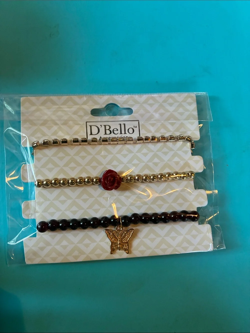 D'Bello Gold & Burgundy Beaded Bracelet Set with Red Rose